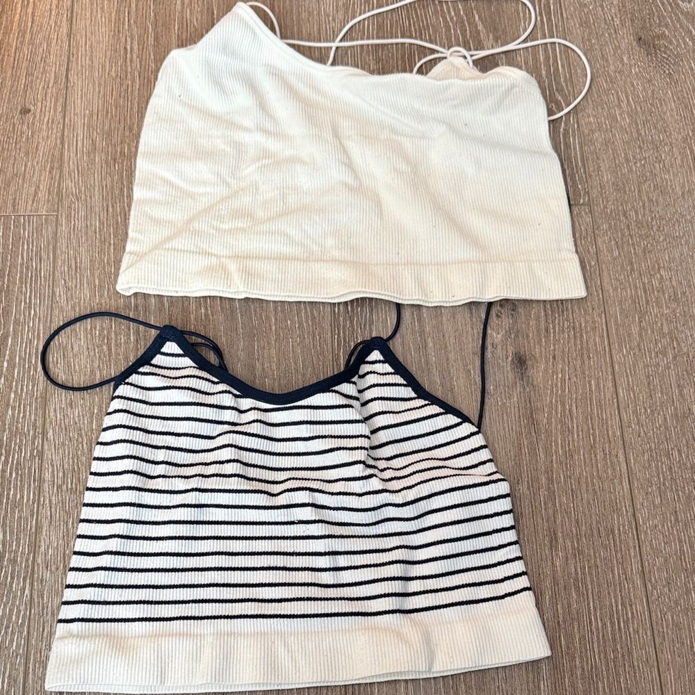 Zara White and Navy Striped Crop Tops
